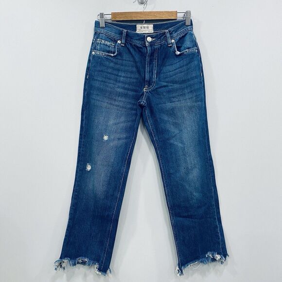 FREE PEOPLE 25 Maggie Mid Rise Straight Leg Sequoia Blue Boho Raw Hem Crop Jeans - Picture 1 of 16